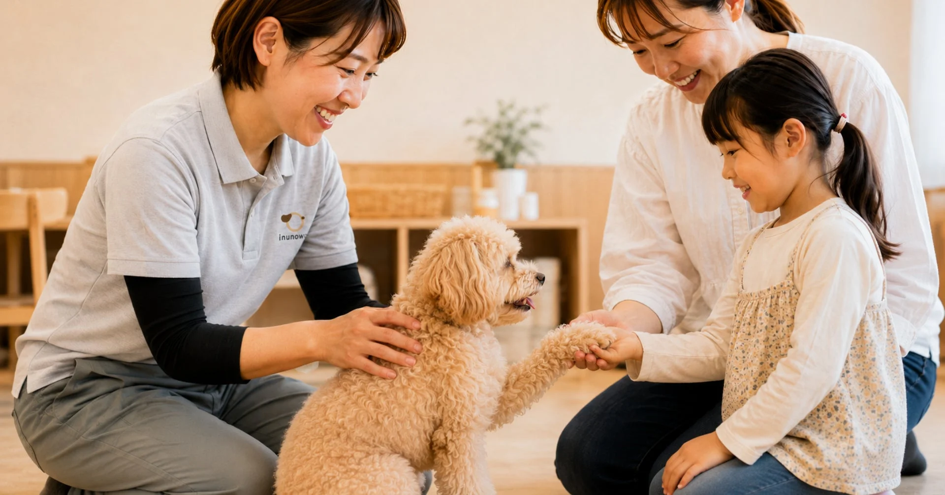 犬と家族が触れ合っている様子
