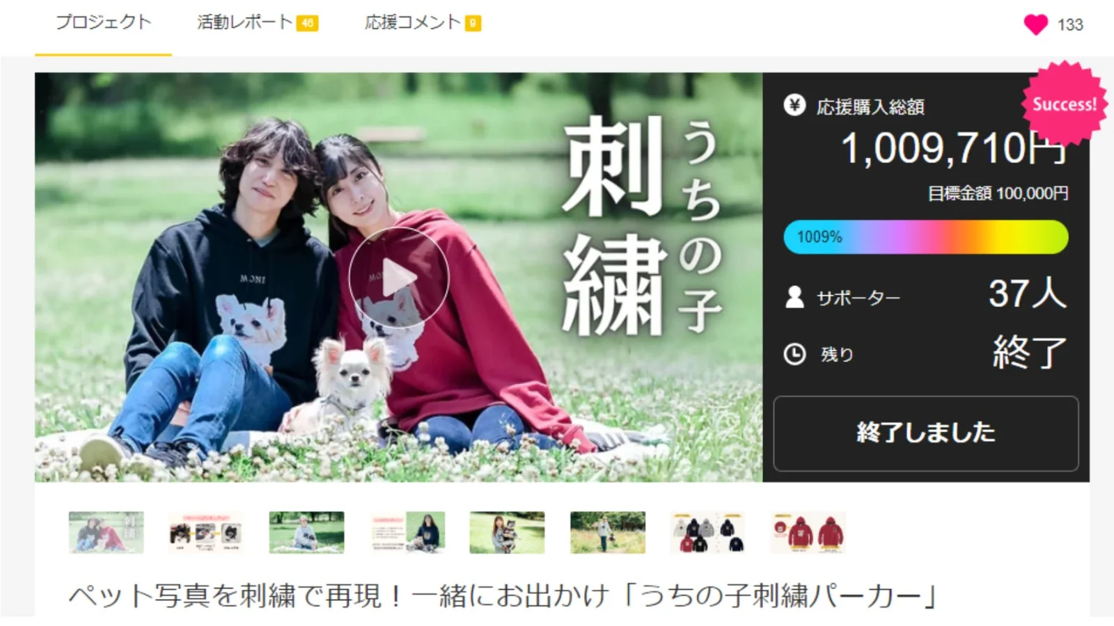 チワワとカップルがパーカーを着ているクラウドファンディング成功画像