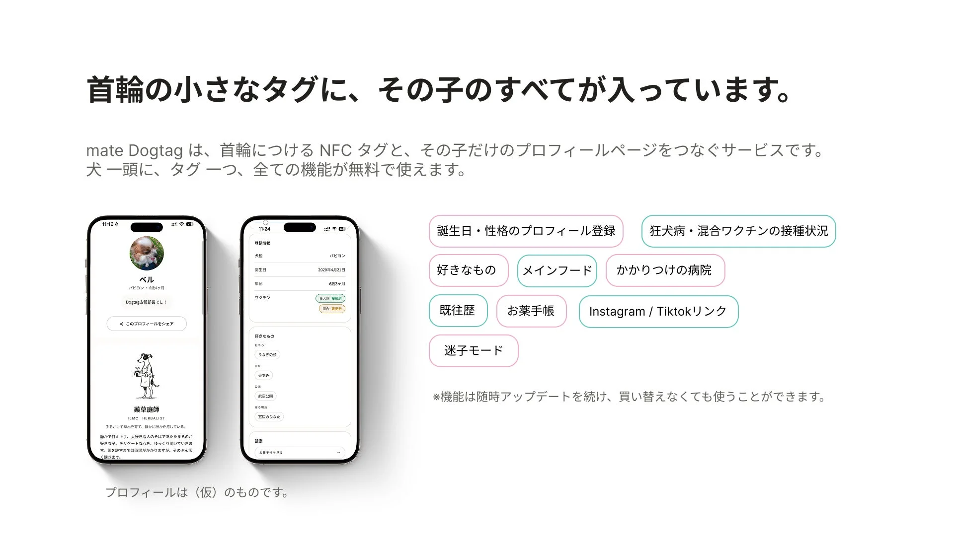 mate Dogtagは、NFCタグとペットのプロフィールページを連携させるサービス