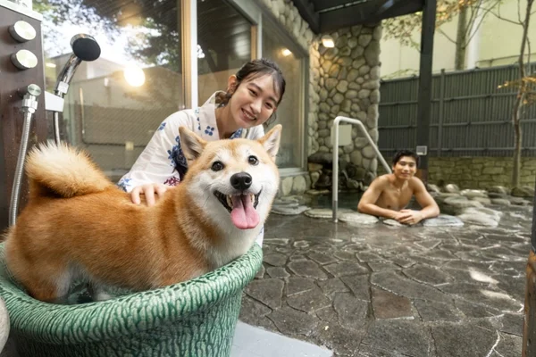 浴衣姿の女性が柴犬を湯船に入れ、男性が露天風呂でリラックスしている様子