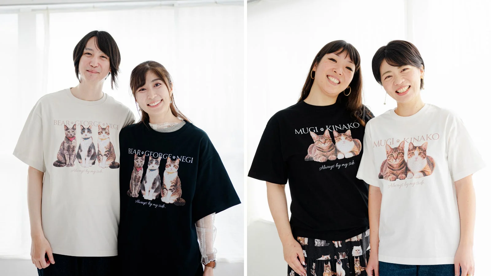 猫のイラストTシャツを着た2組の男女