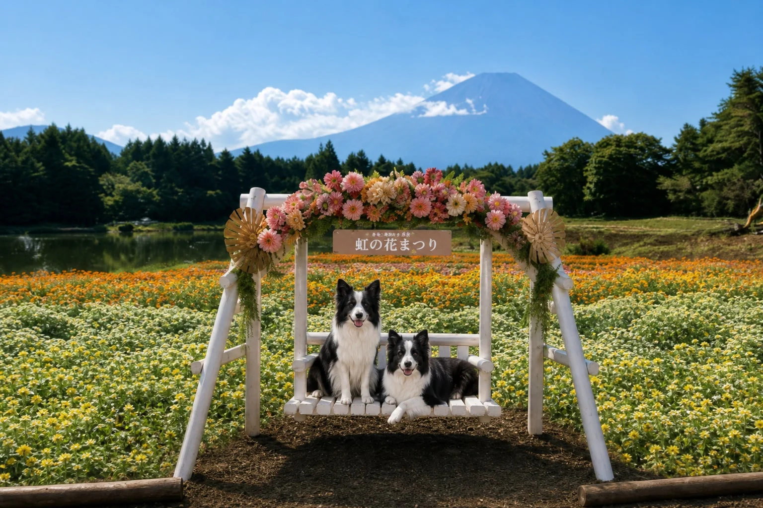 犬とブランコ、花畑