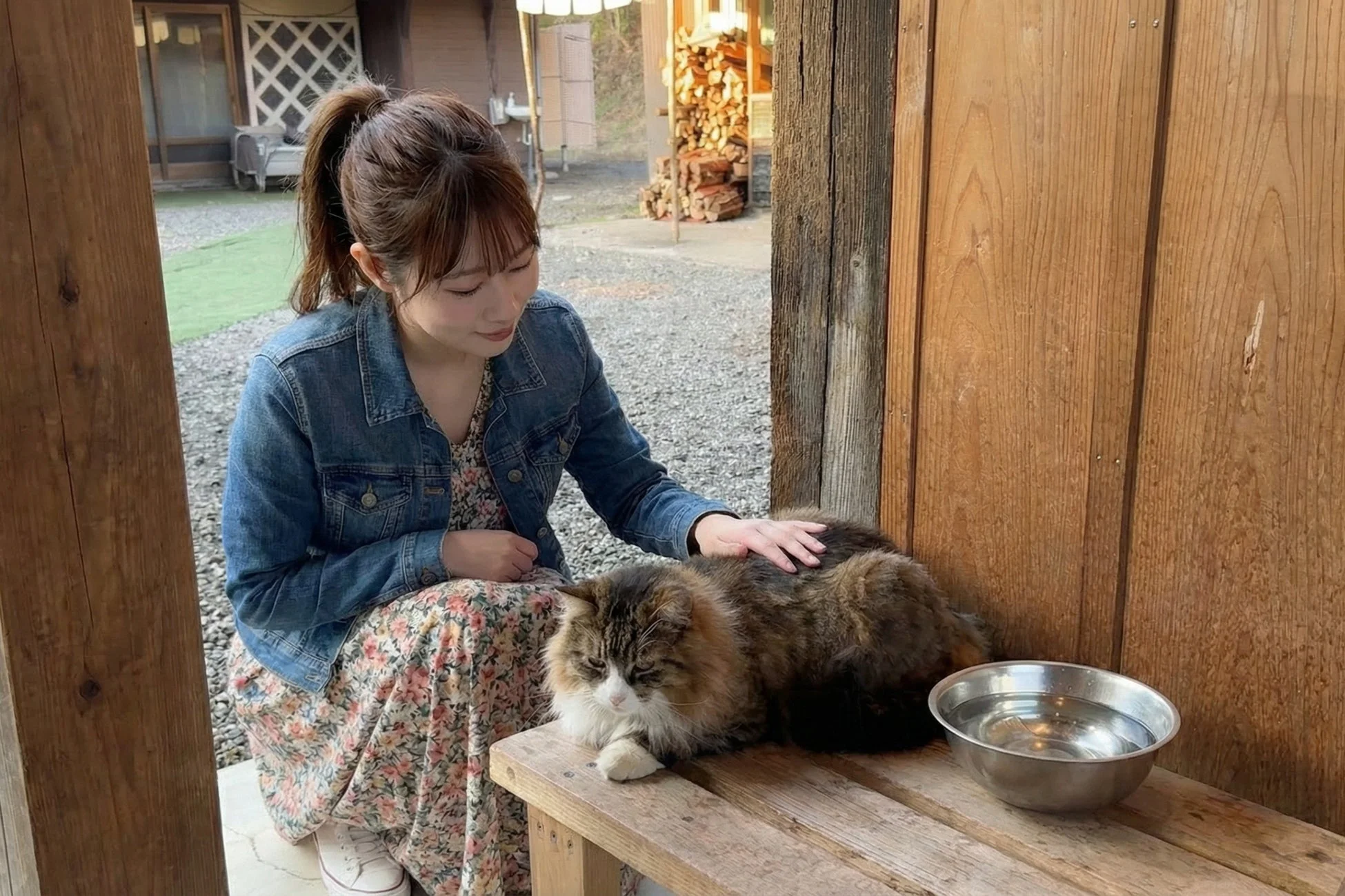 女性が猫を撫でる