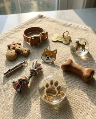 犬用の首輪、おもちゃ、おやつ、装飾品などが並べられています