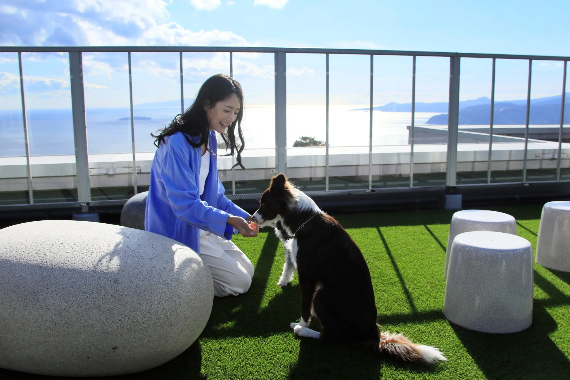 屋上テラスで女性が愛犬に餌をあげる