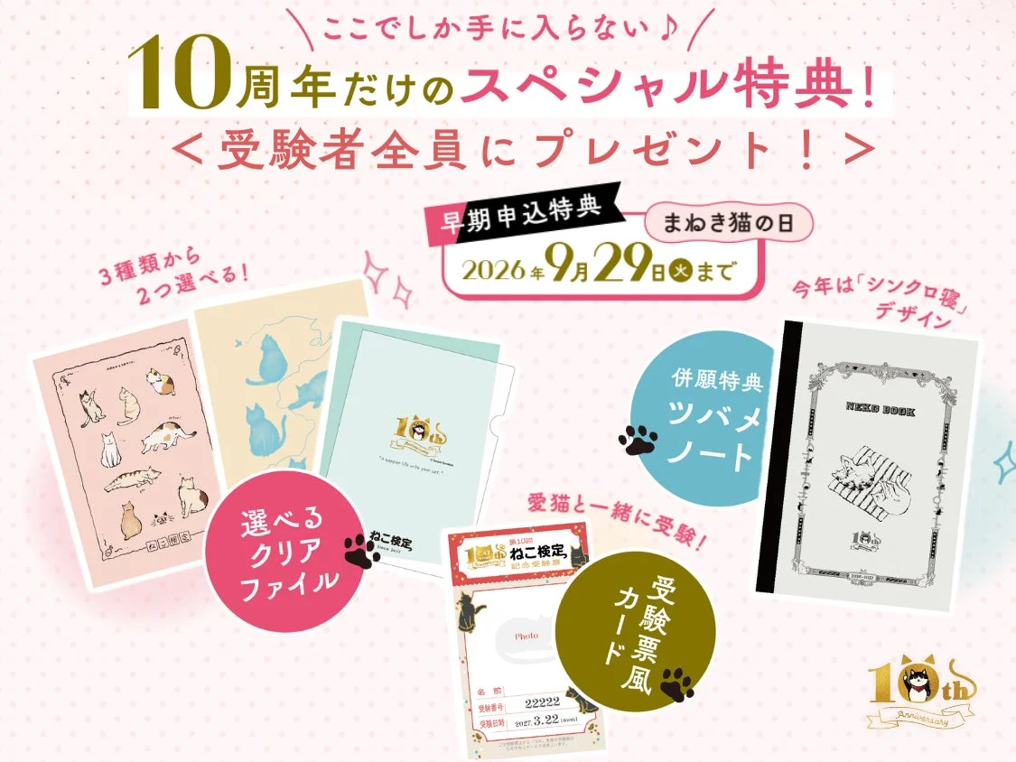 ねこ検定の10周年記念スペシャル特典を告知する画像