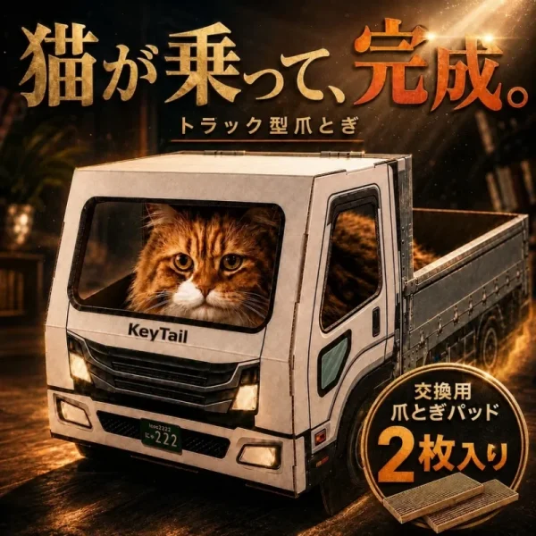 猫が乗ると完成！キーテイルの「トラック型」爪とぎで、お部屋に遊び心をプラス！
