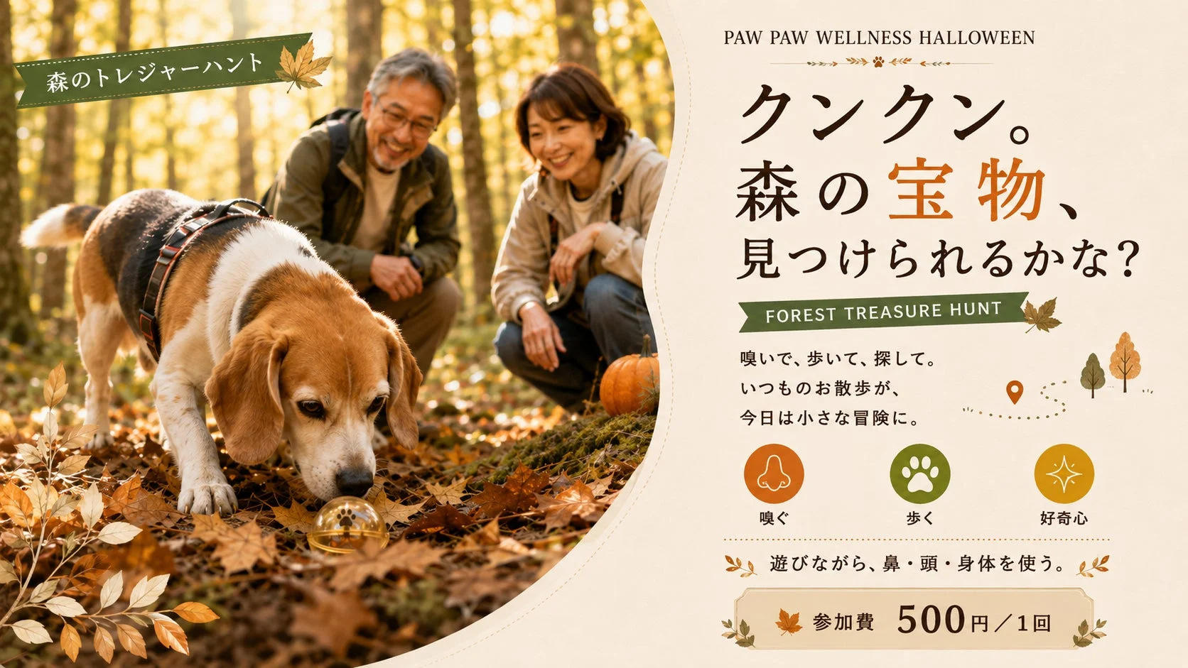 森の中でビーグル犬と飼い主の夫婦が楽しむ「森のトレジャーハント」イベントの広告画像