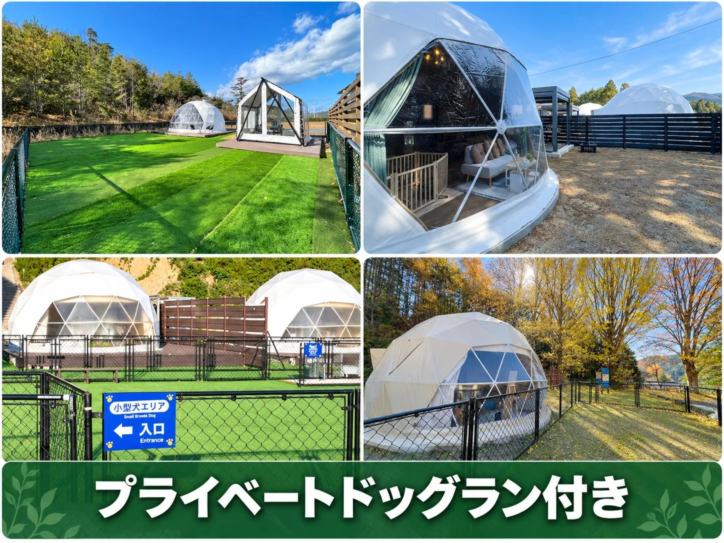 プライベートドッグラン付きのグランピング施設