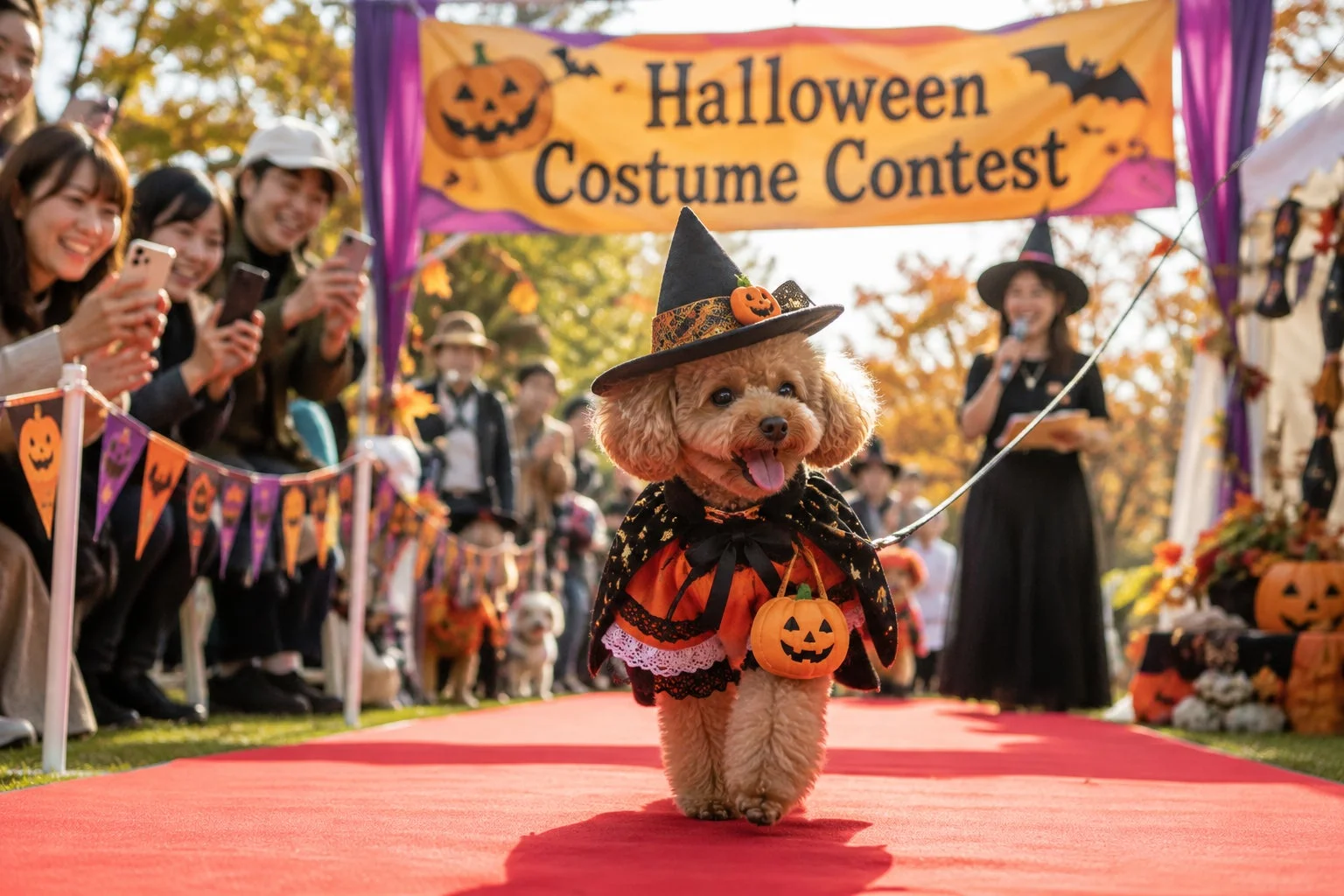 ハロウィンの仮装コンテストで、魔女のコスチュームを着たトイプードルがレッドカーペットを歩いています