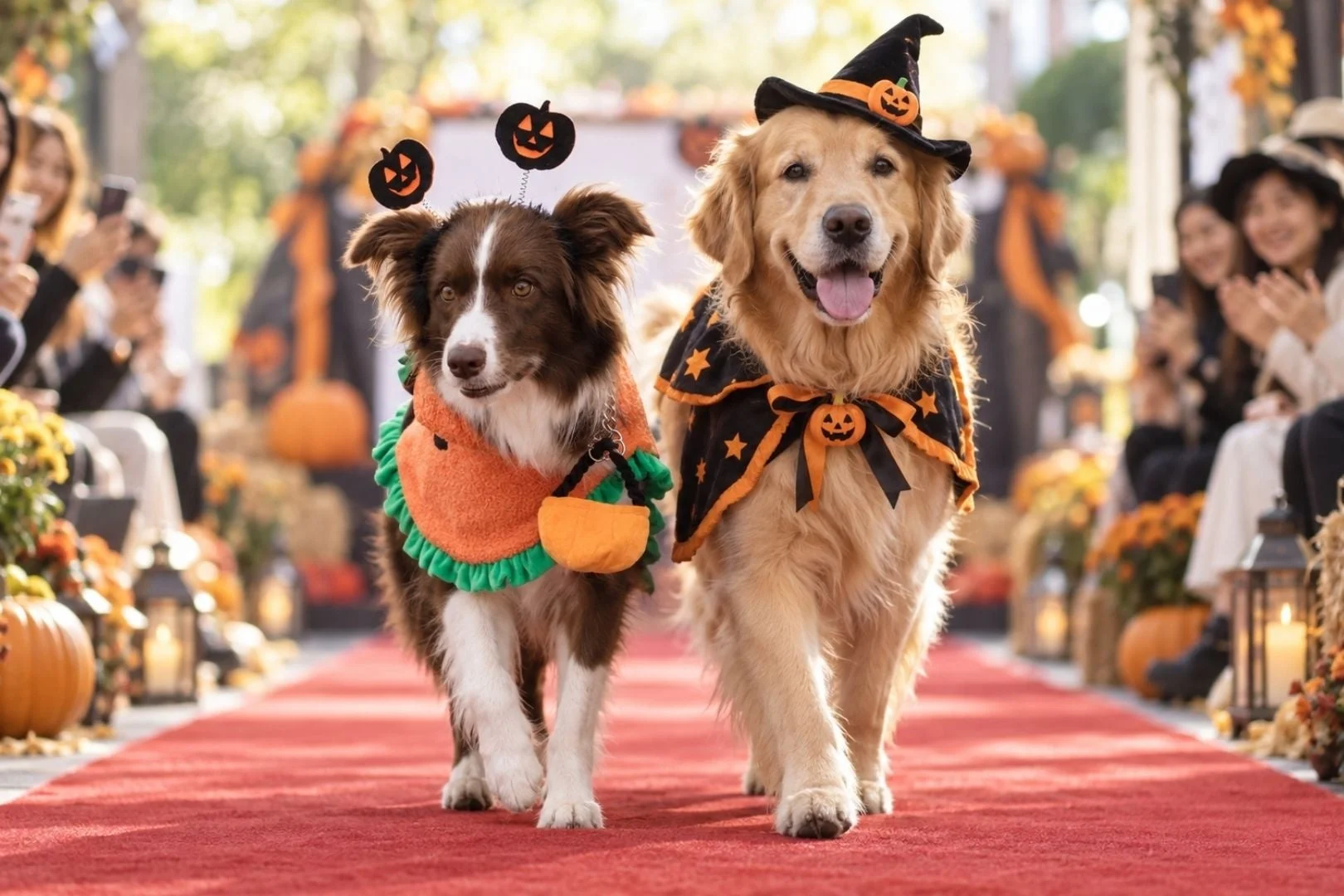 ハロウィンの仮装をした2匹の犬がレッドカーペットの上を歩く様子