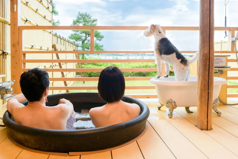 露天風呂でくつろぐカップルと、隣のバスタブから景色を眺める愛犬の様子