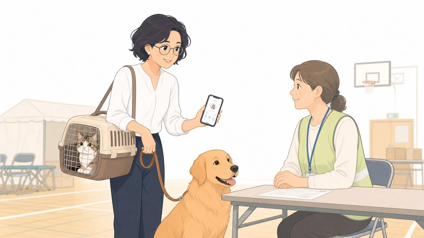 避難所でペット同伴の女性がスマホで登録手続きをするイラスト