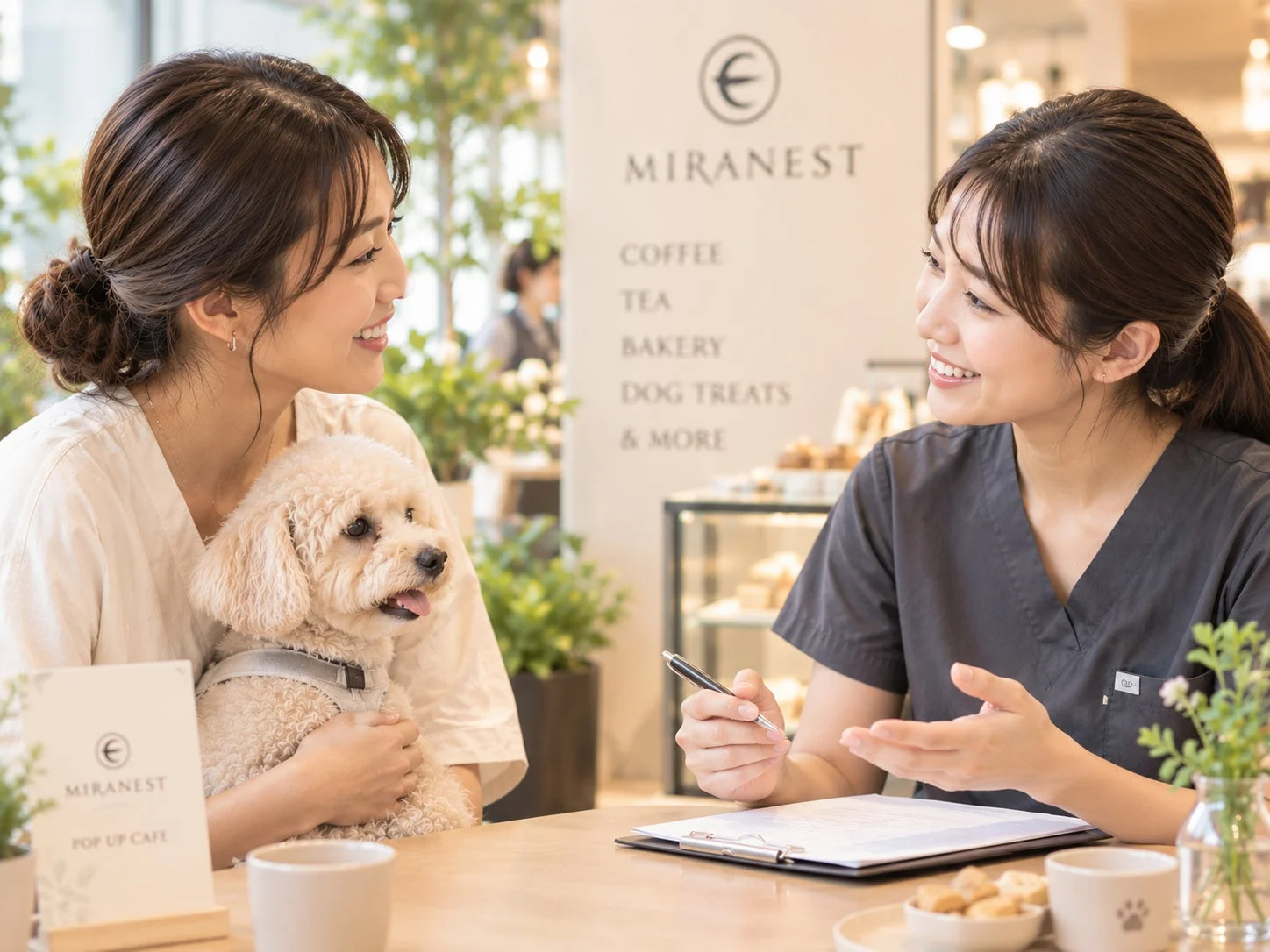 女性とトイプードル、店員が話している画像
