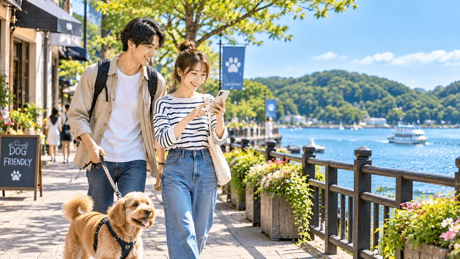 湖畔の遊歩道を愛犬と散歩する若いカップル