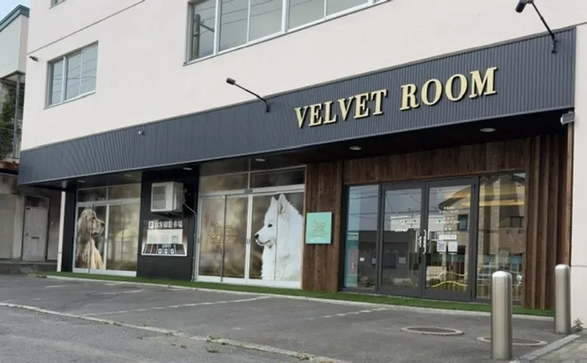 「VELVET ROOM」と書かれた看板が特徴的な店舗の外観写真です。窓にはゴールデンレトリバーとサモエドのような犬の大きな写真が飾られており、ペット関連のお店であることが示唆されます。