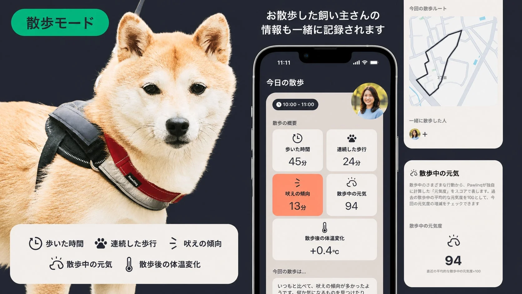 散歩モードのアプリ画面
