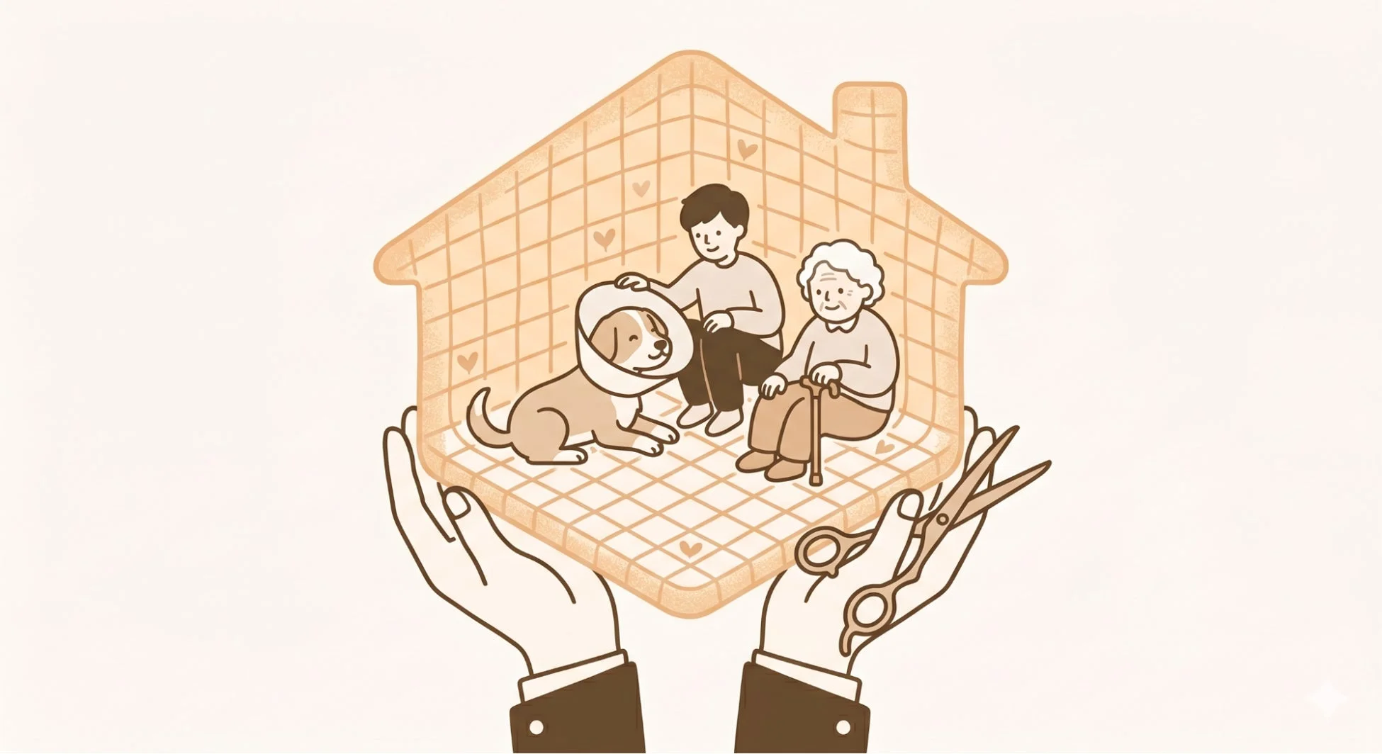 家族、高齢者、犬、介護のイラスト