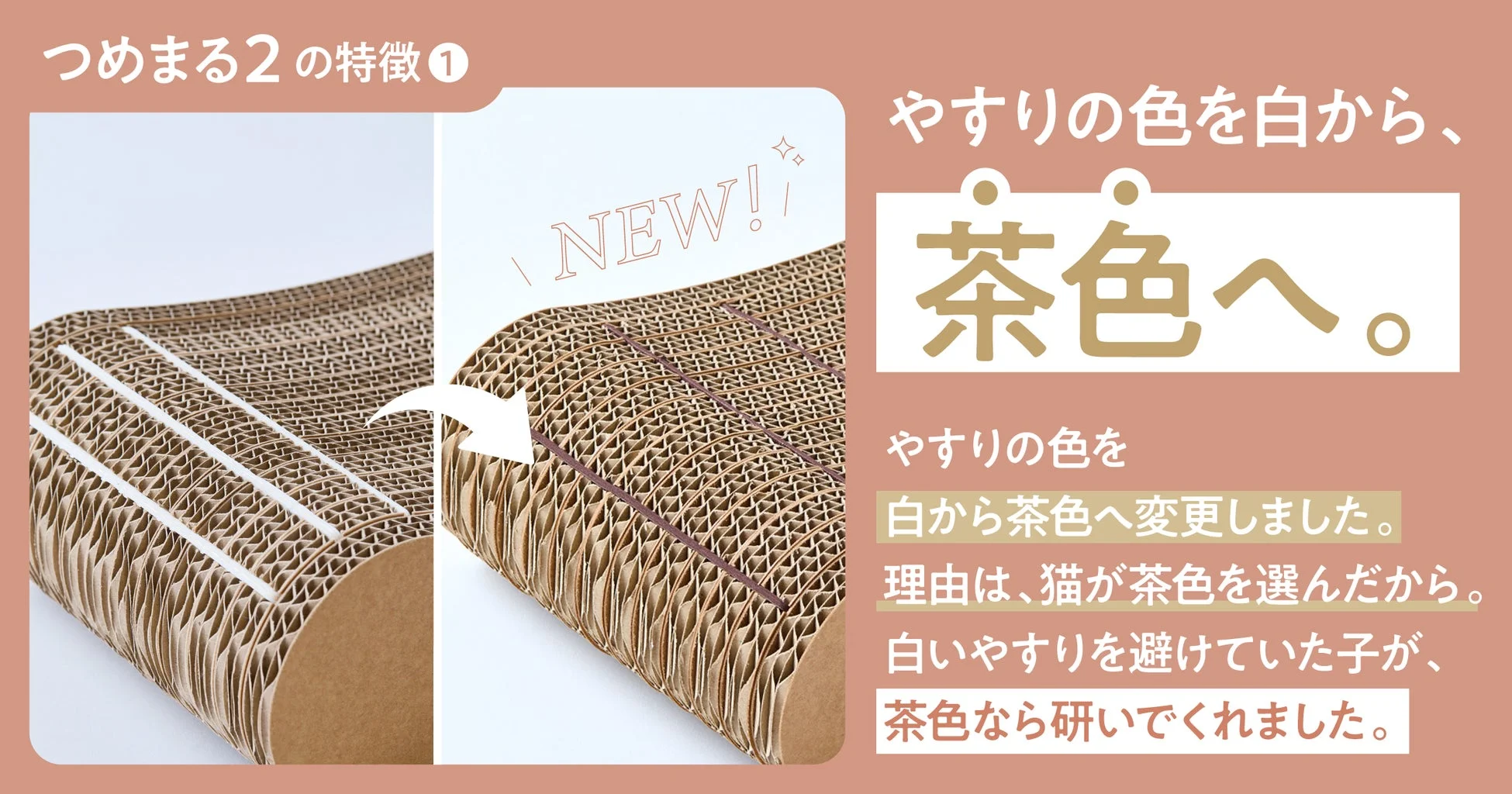 猫の爪とぎボード「つめまる2」のリニューアルを告知する画像です。やすりの色が白から茶色に変更され、猫が茶色を好むため白いやすりを避けていた猫も研いでくれるようになったと説明されています。