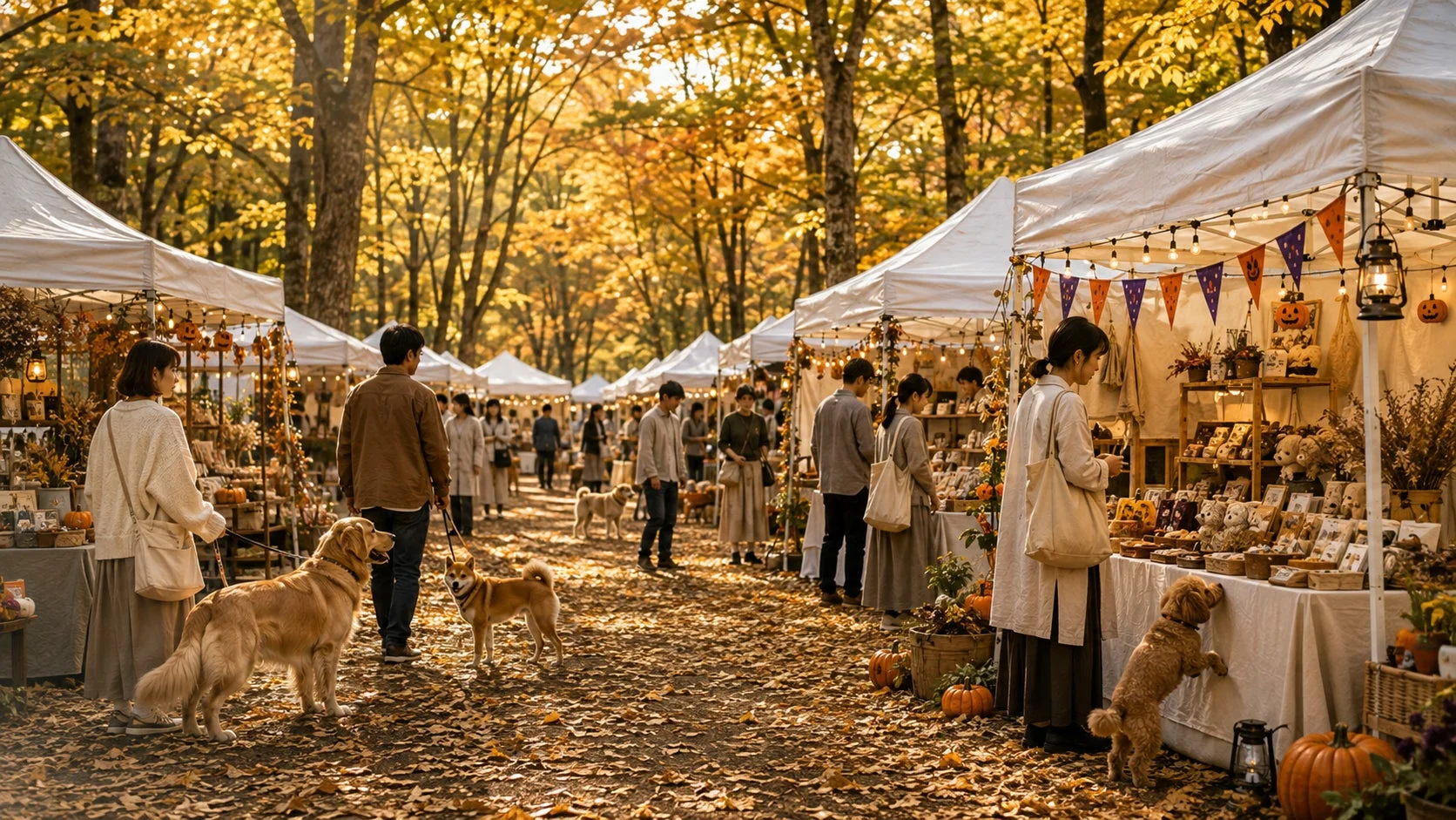 紅葉が美しい秋の森で開催されている屋外マーケットの様子