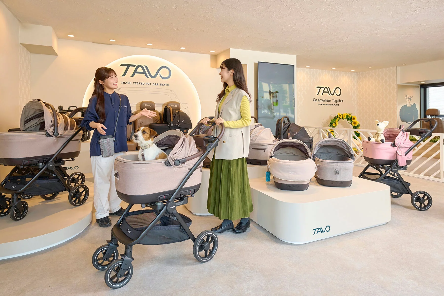 ペット用品の展示会場で、2人の女性が犬用カートを見ている様子。ジャックラッセルテリアがカートに乗っており、様々な色のペットカートが展示されている。